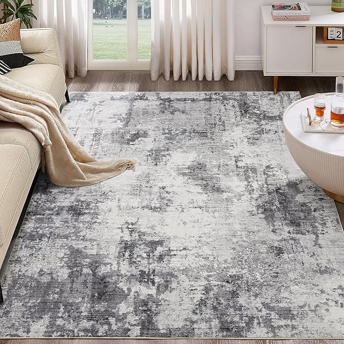 Washable Rug 9x12 Area Rugs for Living Room: Modern Abstract Neutral Soft Large Rug for Bedroom Dining Room Under Kitchen Table Home Office Decor - Grey