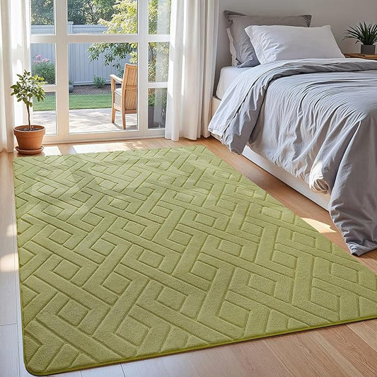 Ultra Soft Green Area Rug for Bedroom, 4x6 Modern Geometric Shag Rugs with Nonslip Backing for Living Room, Washable Fuzzy Carpet for Cozy Kids Room Nursery