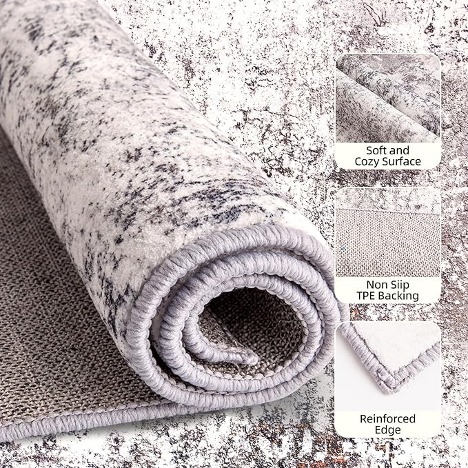 Washable Area Rug Living Room Rugs 5x7 Grey Kitchen Accent Rug Large Soft Abstract Rug Non-Slip Non-Shedding Low-Pile Indoor Floor Carpet for Bedroom Office Dining Room
