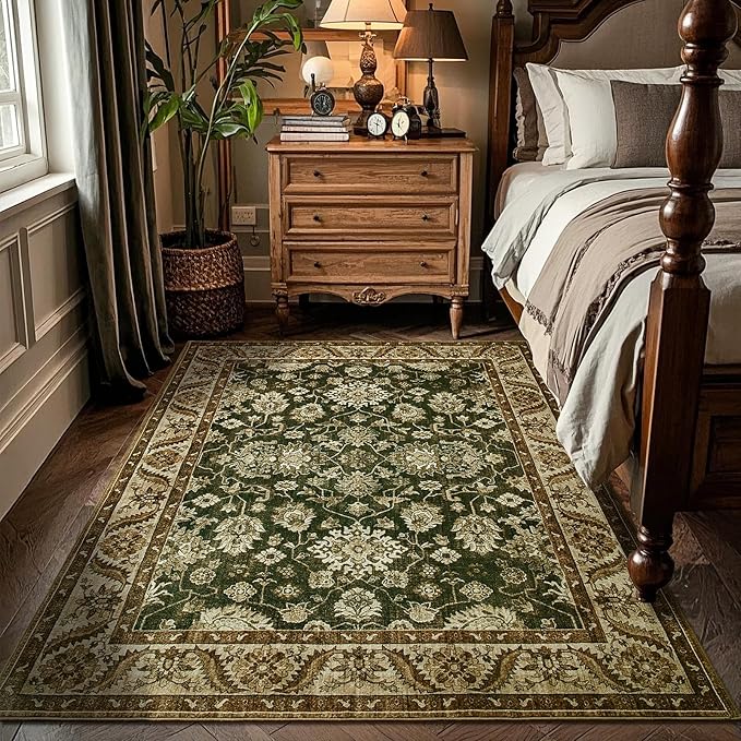 Area Rugs for Living Room, 4x6 Washable Rugs for Bedroom, Non-Slip Retro Floral Carpet for Entryway Office Kitchen Dining Room, Brown and Green