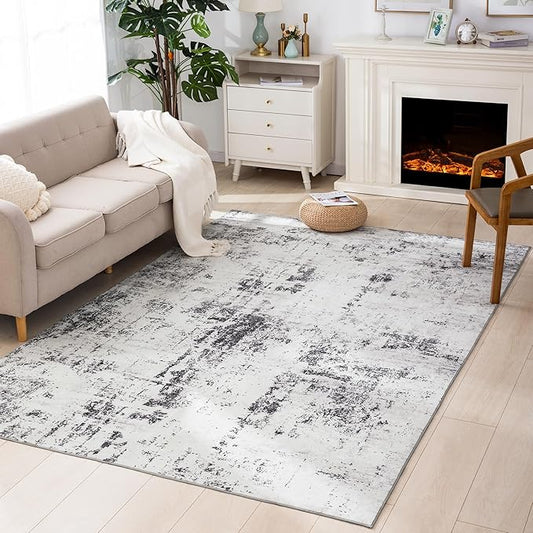 Carvapet Rugs for Living Room, Modern Abstract Low Pile Large Carpet with Rubber Backing, Foldable, Non Slip Machine Washable (9 x 6 Feet Rectangular, Grey Area Rug)