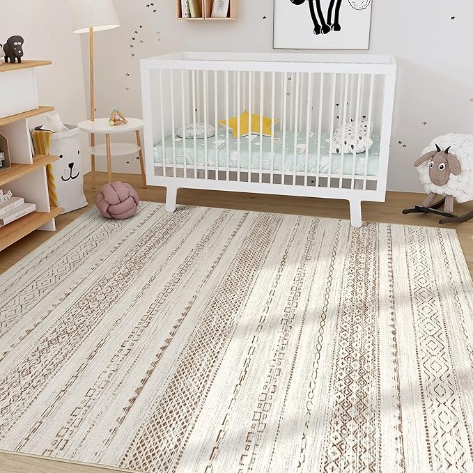 10x12 Area Rug Living Room: Washable Boho Large Neutral Modern Soft Farmhouse Rugs Stain Resistant Indoor Floor Non Slip Accent Carpet for Bedroom Nursery Kids Playroom Office Dining Room- Brown