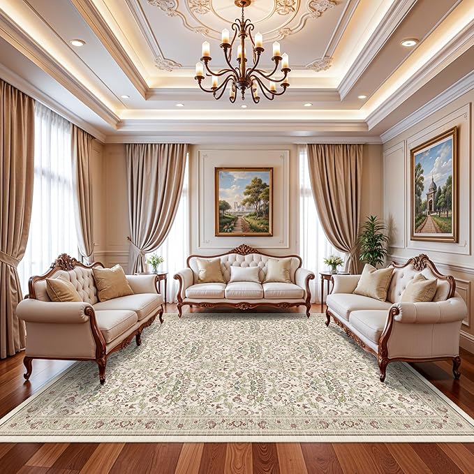 9x12 Area Rug Living Room: Washable Soft Oriental Floral Farmhouse Rugs - Non-Slip Backing Thin Stain Resistant Large Indoor Carpet for Bedroom (9x12 Off - White/Green/Multi)