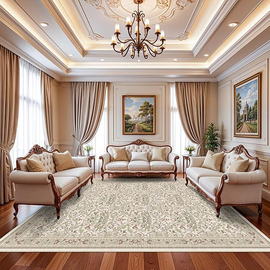 9x12 Area Rug Living Room: Washable Soft Oriental Floral Farmhouse Rugs - Non-Slip Backing Thin Stain Resistant Large Indoor Carpet for Bedroom (9x12 Off - White/Green/Multi)