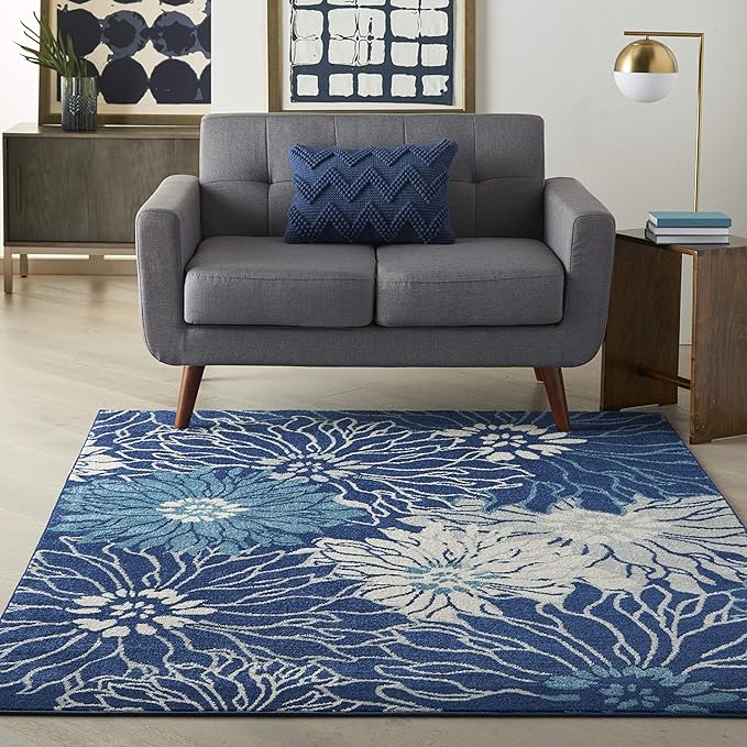 Nourison Passion Navy/Ivory 9' x 12' Area Rug, Floral, Farmhouse, Easy Cleaning, Non Shedding, Bed Room, Living Room, Dining Room, Kitchen (9x12)