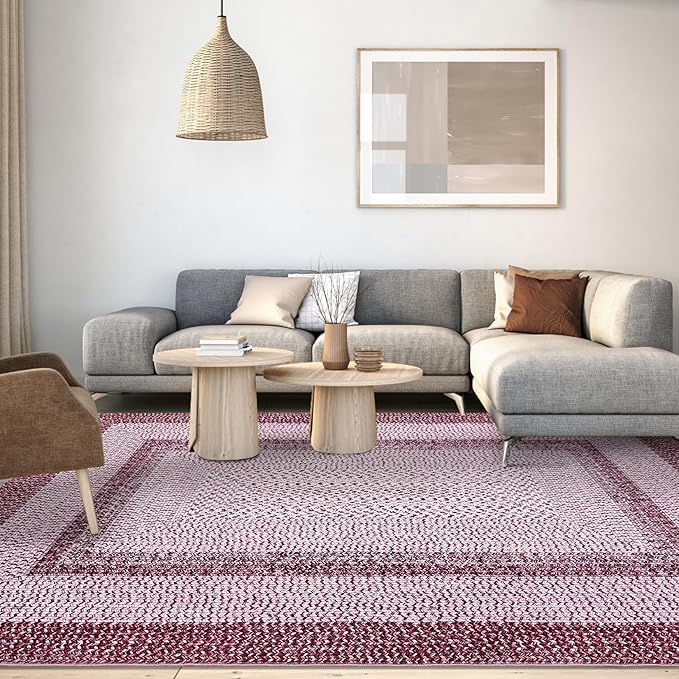 Washable Area Rug 8x10 Rug for Living Room Modern Rugs for Bedroom Pink Rug Imitation Braided Large Area Rug Non Slip Throw Rugs Stain Resistant Carpet for Nursery Dining Room 8'x10' Pink