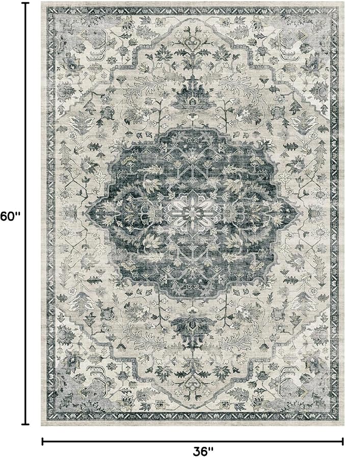 Ultra-Thin 3x5 Vintage Area Rug, Small Non-Slip Oriental Medallion Distressed Rug, Non-Shedding Indoor Floor Carpet for Living Laundry Room, Teal Entry Rug
