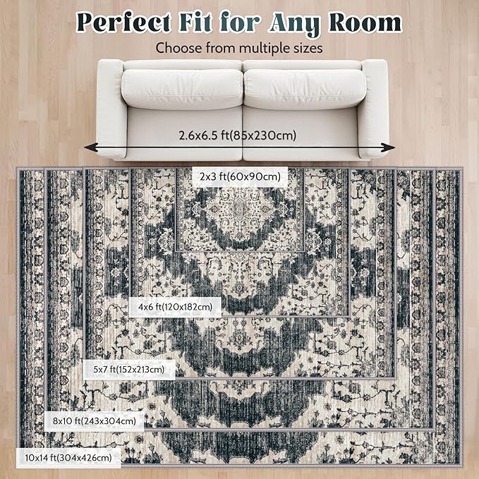 10x14 Area Rugs Washable Rug: Large Vintage Living Room Rugs with Non-Slip Backing Low Pile Rug Soft Indoor Floor Carpet Non Shedding Neutral Carpet for Bedroom Dining Room Farmhouse Nursery Black