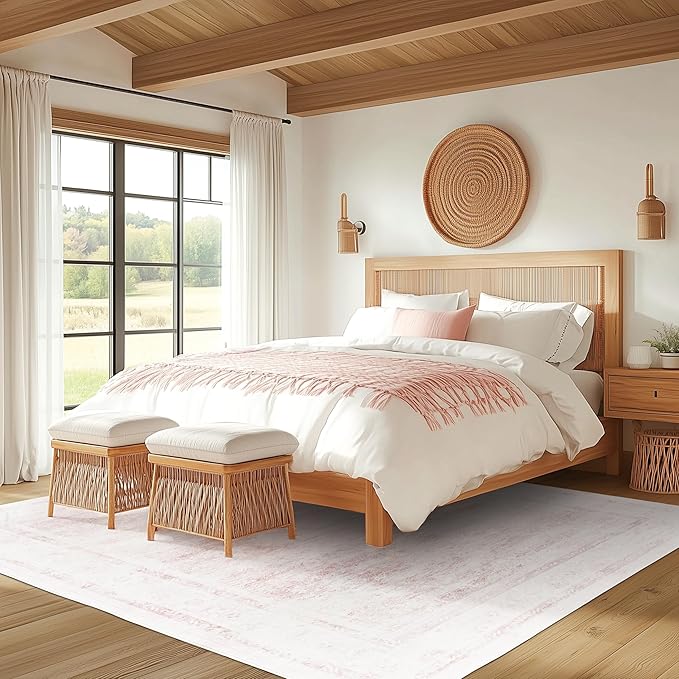 5x7 ft Washable Area Rug, Soft Non-Slip Boho Rug for Bedroom, Living Room, Office, Patio, Kitchen, Entryway – Pink, Indoor/Outdoor, Kids-Friendly