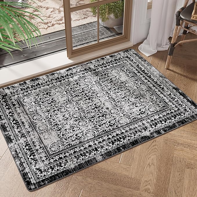 2x3 Small Washable Non-Slip Vintage Chenille Area Rug,Low Pile Distressed Floral Carpet for Entryway Kitchen, Boho Farmhouse Stain Resistant Indoor Rug