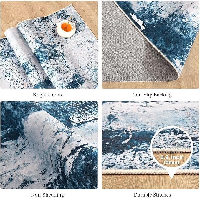 3x5 Blue Washable Area Rug for Living Room Bedroom, Modern Abstract Non-Slip Rugs, Low Pile Soft Stain Resistant Carpet for Dining Room, Kitchen, Office, Dorm, Bedside Decor