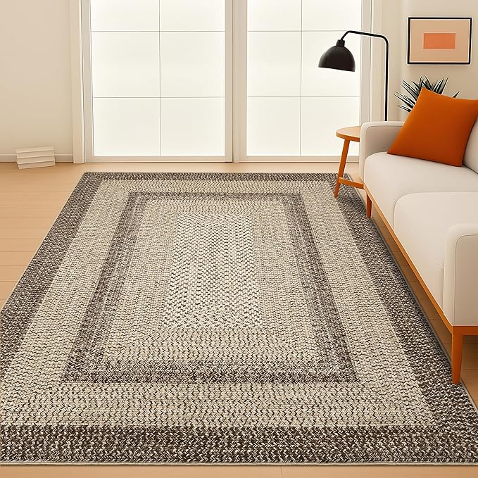 Imitation Braided Collection-Print Modern Area Rug 5x7 Washable Rug with Non Slip Rubber Backing Non Shedding Farmhouse Floor Cover, Ultra-Thin Foldable Carpet for Bedroom, Living Room