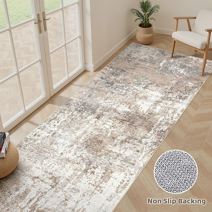 Runner Rug Kitchen Washable Rugs: 3x10 Non-Slip Abstract Soft Modern Stain Resistant Indoor Floor Neutral Accent Throw Carpet for Hallway Bathroom Laundry Room Entryway Bedroom- Brown