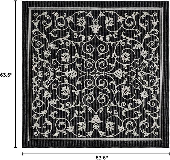 SAFAVIEH Courtyard Collection 5'3" Square Black / Sand CY2098 Scroll Indoor-Outdoor Waterproof Easy-Cleaning Patio Backyard Mudroom Area-Rug