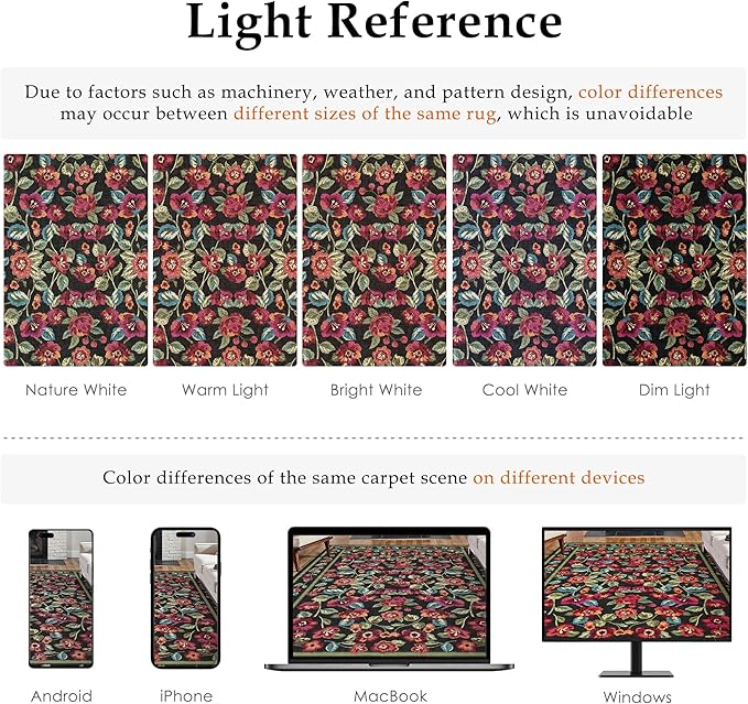 Black Area Rug 4x6 Washable Living Room Non Slip Kitchen Soft Floral Indoor Carpet Vintage Low Pile Accent Throw Rug for Office Dining Room Nursery Bathroom Farmhouse