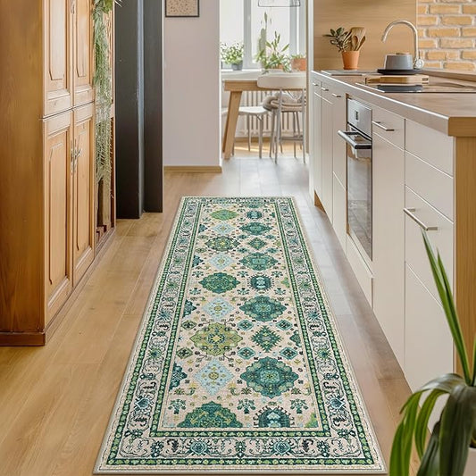 2x8 Runner Rug Non Slip, Machine Washable Rug Runners for Hallways, Vintage Distressed Print Kitchen Runner, Low Pile Lightweight Carpet Runner for Entryway, Laundry, Bedroom, Bathroom Ivory Green