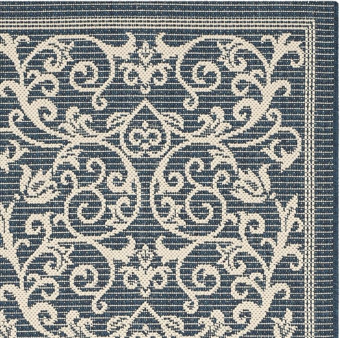 SAFAVIEH Courtyard Collection CY2098 Scroll Indoor/ Outdoor Non-Shedding Easy Cleaning Patio Backyard Porch Deck Mudroom Runner, 2'3" x 6'7" , Navy / Beige