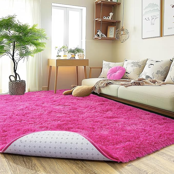 Ultra Fluffy Area Rugs for Living Room Bedroom, 6x9 Fuzzy Large Living Room Rugs, Thick Shag Rug for Dorm, Soft Non Slip Kids Girls Boys Rug for Home Decor Aesthetic, Hot Pink