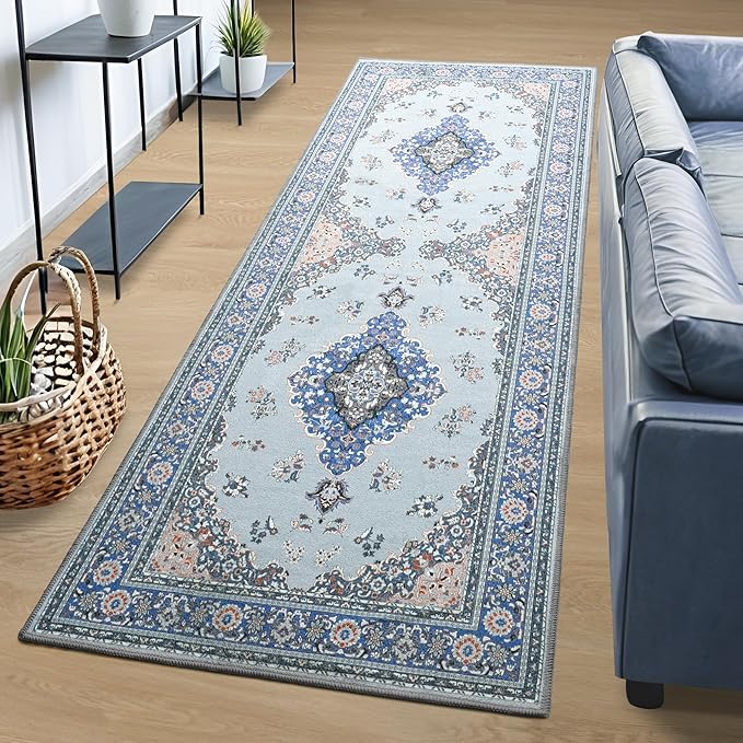 Tepook 2x6 Runner Rug for Hallway, Low Pile Washable Kitchen Rugs Runner Carpet, Non-Slip Vintage Indoor Throw Rugs for Bedroom Entryway Laundry Room Bedside Bathroom - Blue/Grey