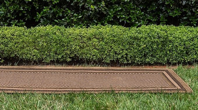 Unique Loom Outdoor Border Collection Area Rug - Multi Border (2' 2" x 6' Runner, Light Brown/ Brown)