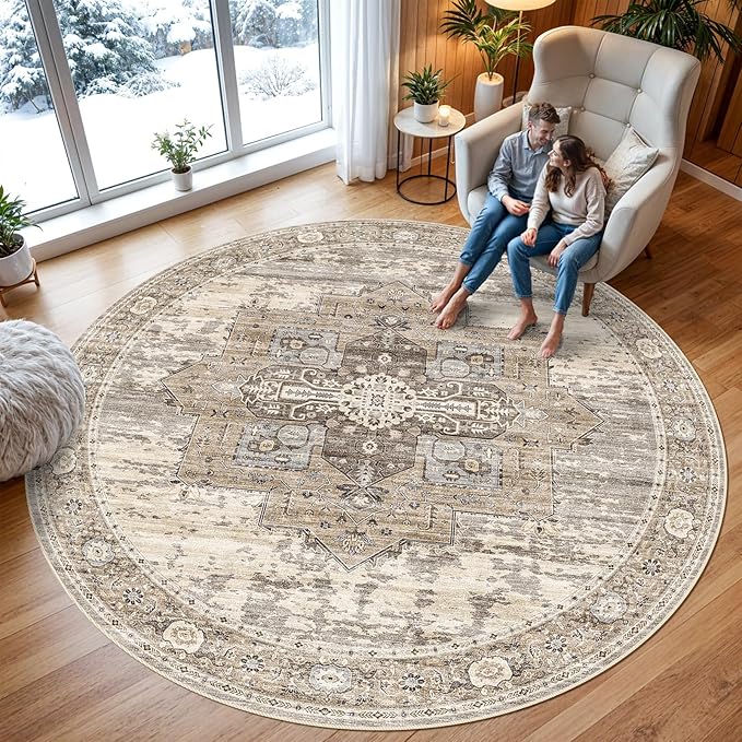 RUUGME 9ft Round Area Rug - Large Boho Rugs for Living Room Stain Resistant Carpet Vintage Tribal Rugs for Bedroom Kitchen Bathroom with Non Slip Backing Home Decor Floor Decoration Mat 9ft Beige