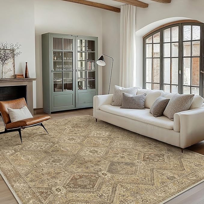 Bavni 10x14 Area Rugs for Living Room, Machine Washable Rug Non Slip, Vintage Chenille Distressed Print Carpet, Large Low Pile Ultra-Thin Lightweight Rugs for Bedroom, Dining Room, Office, Nut Brown