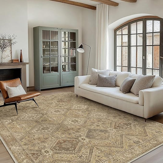 Bavni 10x14 Area Rugs for Living Room, Machine Washable Rug Non Slip, Vintage Chenille Distressed Print Carpet, Large Low Pile Ultra-Thin Lightweight Rugs for Bedroom, Dining Room, Office, Nut Brown