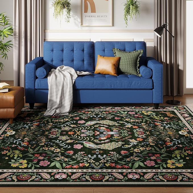 9x12 Area Rugs for Living Room Washable Rug Floral Non-Slip Large Rug for Living Room, Bedroom, Farmhouse, Dining Room, Kids Playroom (Emerald Green)