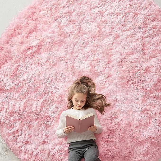 OLANLY Pink Round Rugs for Bedroom - Machine Washable, 9x9 Feet Circle Area Rugs for Living Room, Soft and Fluffy Shaggy Carpet for Teen Girls and Boys, Nursery Rooms, Dorms, Home Decor Aesthetic