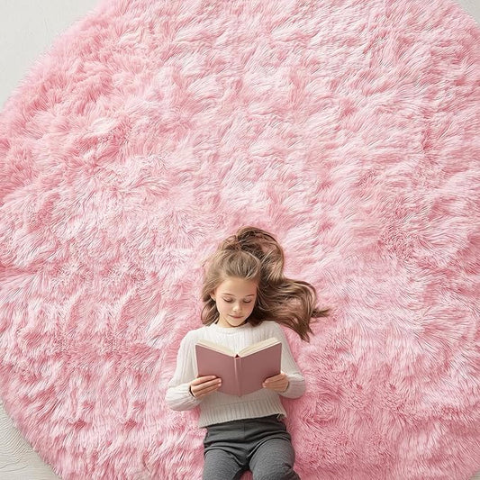 OLANLY Pink Round Rugs for Bedroom - Machine Washable, 9x9 Feet Circle Area Rugs for Living Room, Soft and Fluffy Shaggy Carpet for Teen Girls and Boys, Nursery Rooms, Dorms, Home Decor Aesthetic