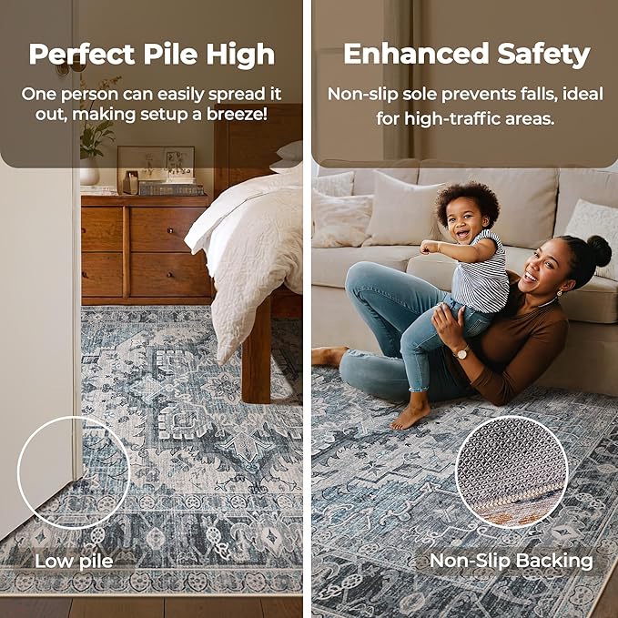 Washable Area Rugs Boho Non Slip Stain Resistant Thin Carpet Vintage Blue Printed Oriental Distressed 6x9 Rug for Living Room Bedroom Low Pile