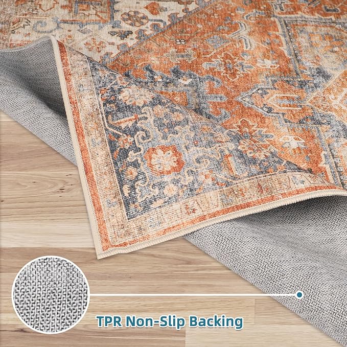 Dripex 4x6 Area Rugs, Machine Washable Non Slip Boho Rugs,Distressed Bedroom Rug, No Pile Lightweight Vintage Rug, Floor Carpet for Living Room,Dining Room and Office,Orange