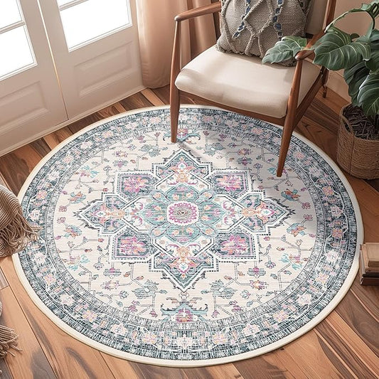 BESTSWEETIE 4ft Area Rugs for Living Room, Washable Ultra Soft Boho Vintage Print Pattern Rug Non Slip Low Pile Carpet for Dining Room Bedroom Entryway Indoor-Multi/Blue/Beige/Pink