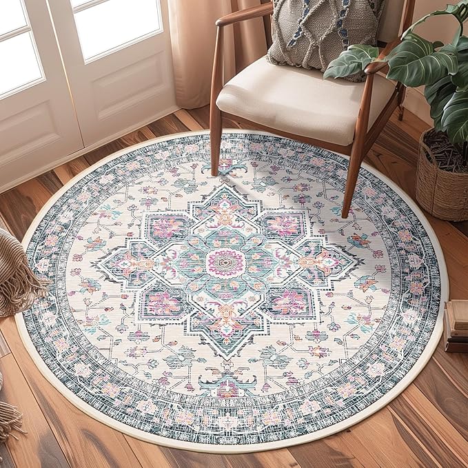 BESTSWEETIE 8ft Area Rugs for Living Room, Washable Ultra Soft Boho Vintage Print Pattern Rug Non Slip Low Pile Carpet for Dining Room Bedroom Entryway Indoor-Multi/Blue/Beige/Pink