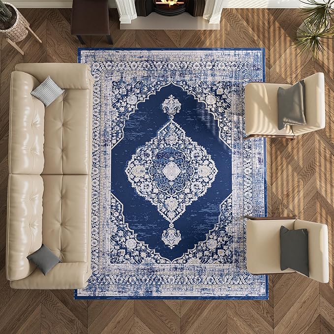 8x10 Rug, Washable Neutral Boho Modern Vintage Non Slip Floral Area Rugs, Low Pile Soft Rugs, Area Rugs, Slip Resistance Carpet, Pet-Friendly Carpet, Durable Rug for Living Room, Bedroom