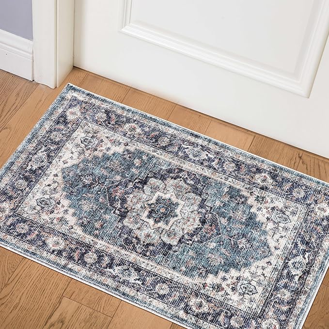 2x3 Machine Washable Area Rugs Boho Vintage Design Rug for Living Room, Bedroom, Kitchen, Soft Non-Slip Indoor Rug, Vintage Blue/Multi-Print Design