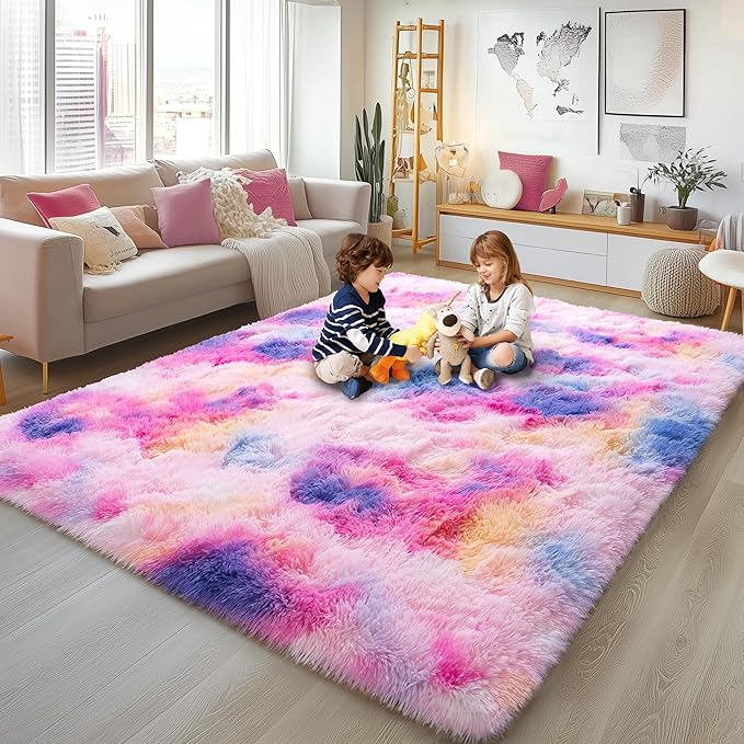 6x9 Fluffy Fuzzy Area Rug for Living Room Bedroom, Ultra Soft Large Living Room Rugs, Non Slip Thick Shag Rug for Dorm, Kids Girls Boys Rug for Home Decor Aesthetic, Dark Rainbow