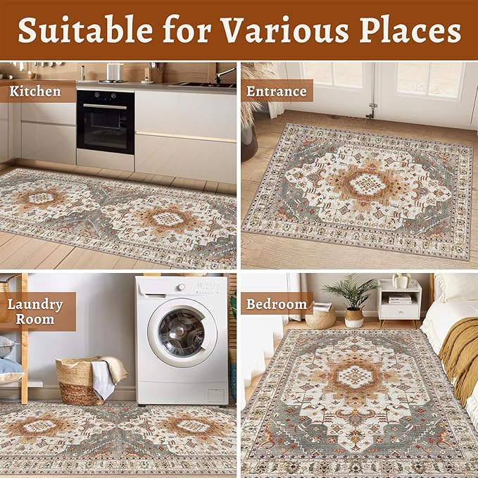 2.6x8 Washable Runner Rug for Hallways, Non Slip Vintage Runner, Soft Low Pile Long Rug Runner, Print Distressed Turmeric Carpet Runners for Kitchen Bedroom Entryway Bathroom Living Room