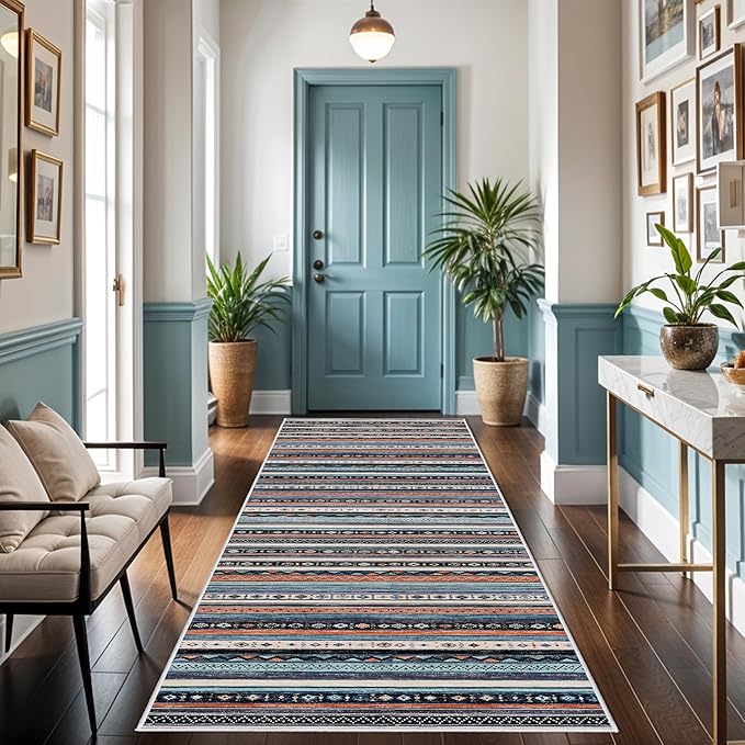 4x8 Rug Washable Indoor: Non-Slip Southwestern Striped Carpet for Kitchen Hallway Entry - Farmhouse Low Pile Stain Resistant Long Thin Front Door Mat 4x8 Blue/Black/Multi