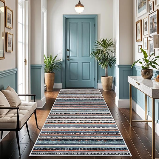 4x8 Rug Washable Indoor: Non-Slip Southwestern Striped Carpet for Kitchen Hallway Entry - Farmhouse Low Pile Stain Resistant Long Thin Front Door Mat 4x8 Blue/Black/Multi