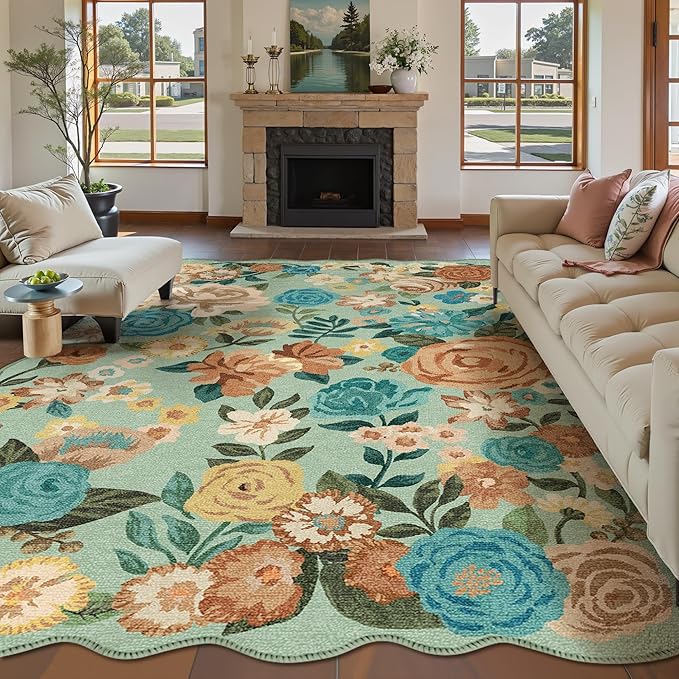Washable Floral Area Rug 8x10 Green Living Room Large Carpet Bedroom Scalloped Flower Non Slip Soft Throw Rug Farmhouse Low Pile Thin Indoor Floor Cover for Dining Room Office