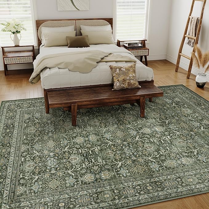 Vintage Area Rug 4x6 Green Entryway Office Washable Carpet Non Slip Bedroom Indoor Living Room Door Mat Low Pile Traditional Distressed Retro Accent Rug for Dining Room Bathroom Kitchen