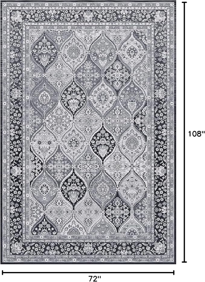 Yancorp 6'x9' Large Area Rug for Livingroom Non Slip Big Black and White Rug Washable Area Rug for Bedroom Ultra Soft Foldable, Vintage Carpet Stain Resistant Rugs Black Grey