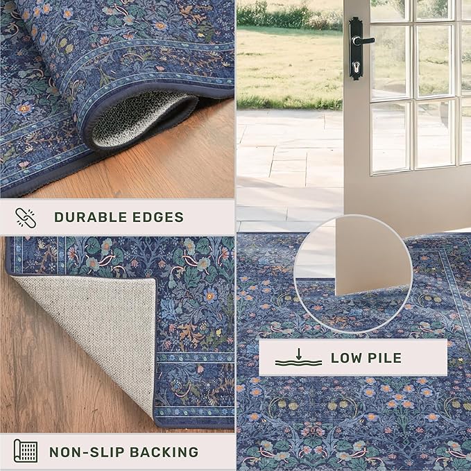 Vintage Dark Blue 3x5 Area Rugs for Entryway, Bedroom Beside Rug, Kitchen, Laundry Room, Non-Slip Low Pile Ultra Soft Stain Resistant Small Floral Carpet