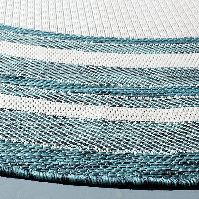 SAFAVIEH Courtyard Collection Area Rug - 7'10" Round, Ivory & Teal, Indoor/Outdoor, Weather Resistant & Washable, Ideal for Patio, Backyard, Mudroom, Deck (CY8475)