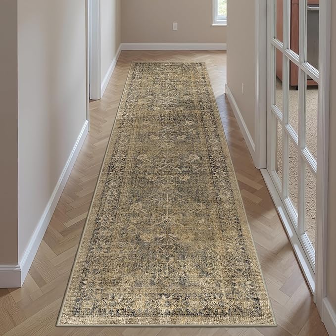 2x8 Brown Black Area Rug Runners for Hallways Washable Vintage Distressed Carpet Low Pile Non Slip Indoor Retro Soft Long Accent Rug Bedroom Kitchen Bathroom Laundry Dining Living Room