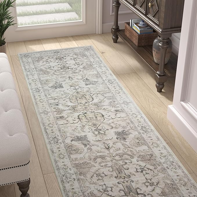 jinchan Hallway Runner Rug 2x8 Machine Washable - Vintage Floral Non-Slip Low-Pile Soft Ultra-Thin Faux Wool Kitchen Rug Distressed Carpet Runner for Farmhouse Bedroom Laundry Room (2x8ft,Taupe)