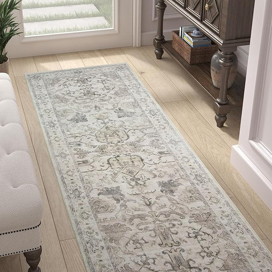jinchan Hallway Runner Rug 2x8 Machine Washable - Vintage Floral Non-Slip Low-Pile Soft Ultra-Thin Faux Wool Kitchen Rug Distressed Carpet Runner for Farmhouse Bedroom Laundry Room (2x8ft,Taupe)