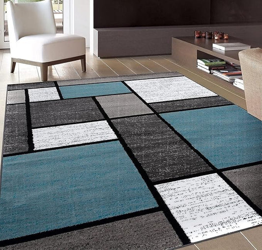 Rugshop Contemporary Modern Boxes for Home Office,Living Room,Bedroom,Kitchen Non Shedding Area Rug 6' 6" X 9' Blue/Gray