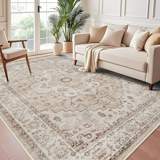 Washable 9x12 Area Rug - Large Rugs for Living Room Non Slip Stain Resistant Farmhouse Oriental Rug Carpet for Bedroom Dining Room Home Decor (9x12,Beige)